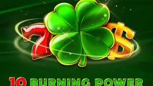Tampilan layar permainan slot 10 Burning Power dengan simbol buah klasik dan latar belakang api.